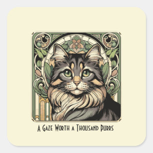 Vintage Art Nouveau Inspired Cream & Green Cat Square Sticker