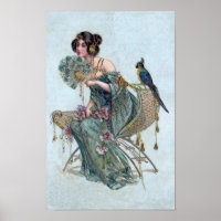 Vintage Art Nouveau Lady & Blue Parrot Art