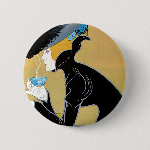 Vintage Art Nouveau, Lady Drinking Marco Polo Tea 2 Inch Round Button
