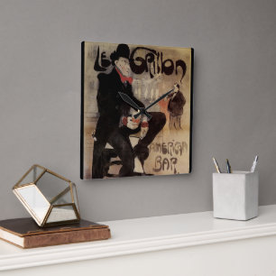 Vintage Art Nouveau Le Grillon, Man Drinking Beer Square Wall Clock