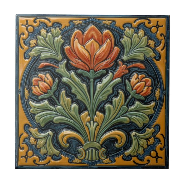 Vintage Art Nouveau  Majolica Floral Craftsman Tile (Front)
