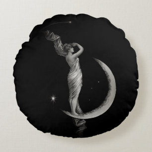 Vintage Art Nouveau Moon Girl Round Pillow
