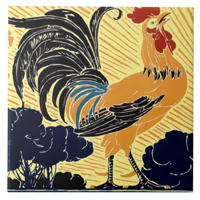 Vintage Art Nouveau Morning Sun Rooster Tile (Front)
