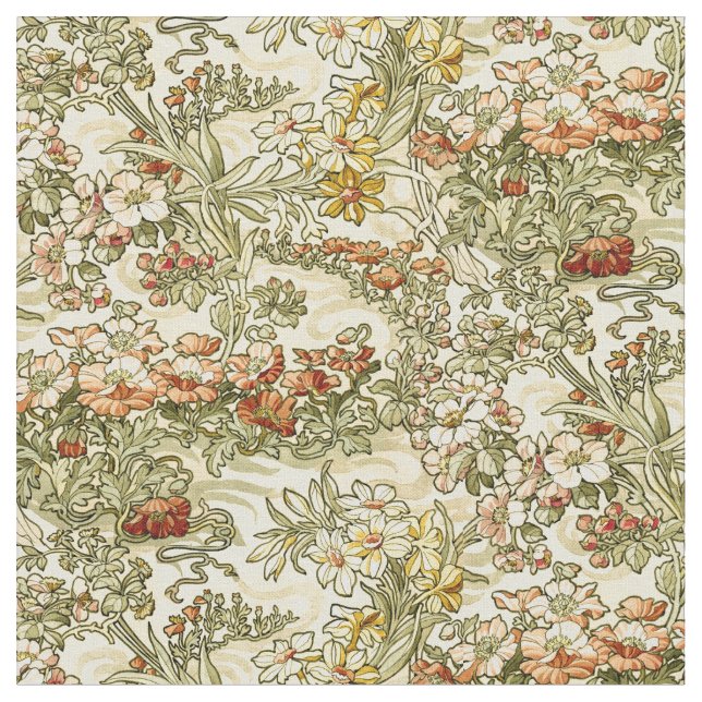 Vintage Art Nouveau Mucha Floral Pattern Fabric (Close Up)