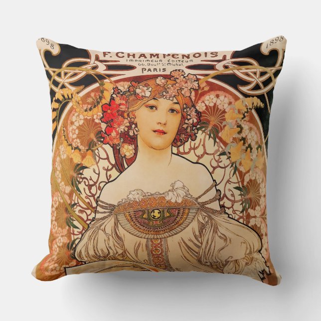 Vintage Art Nouveau Mucha Print Throw Pillow (Front)
