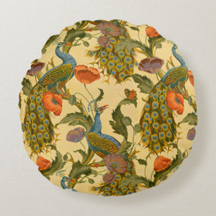 Vintage Art Nouveau Peacock Poppy Floral Pattern Round Pillow