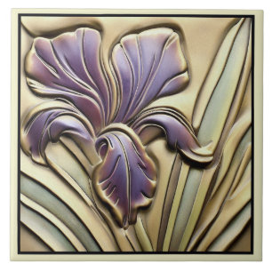 Vintage Art Nouveau Purple Iris Faux Bas Relief Tile