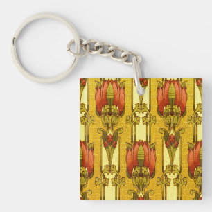 Vintage Art Nouveau Red Tulip Floral Pattern Keychain
