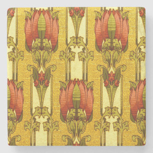 Vintage Art Nouveau Red Tulip Floral Pattern Stone Coaster
