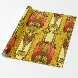 Vintage Art Nouveau Red Tulip Floral Pattern Wrapp Wrapping Paper