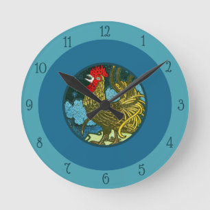 Vintage Art Nouveau Rooster Crowing in Night Blue Round Clock