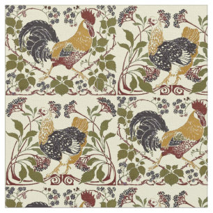 Vintage Art Nouveau Rooster & Hen Chickens Pattern Fabric