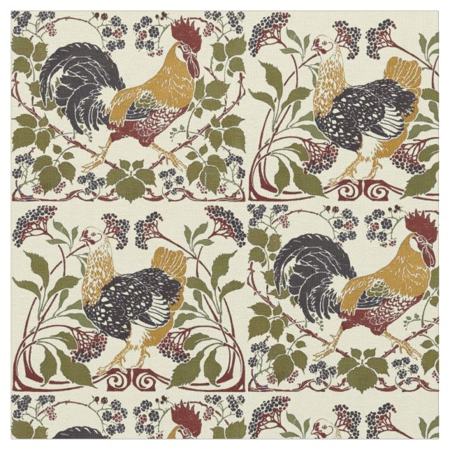 Vintage Art Nouveau Rooster & Hen Chickens Pattern Fabric (Close Up)