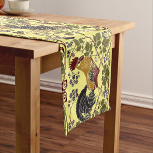Vintage Art Nouveau Rooster & Hen Chickens Pattern Short Table Runner