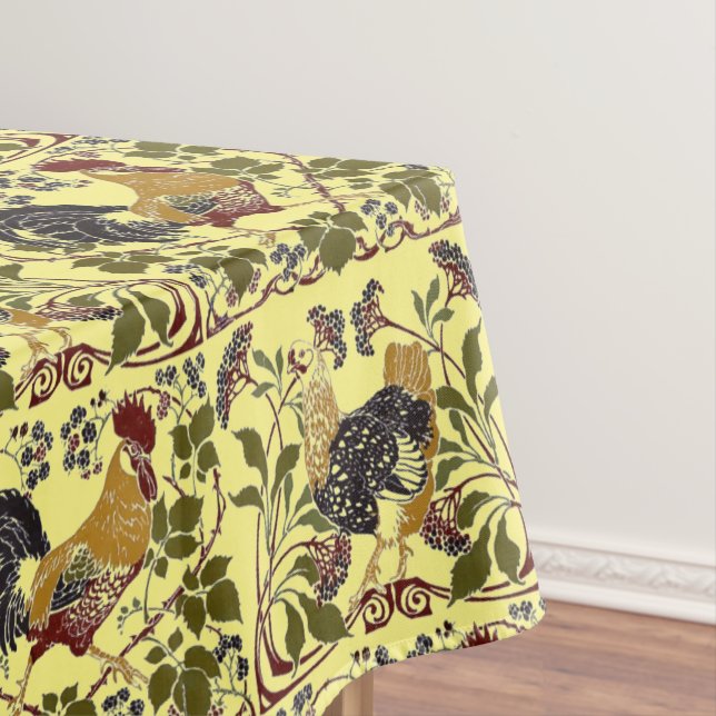 Vintage Art Nouveau Rooster & Hen Chickens Pattern Tablecloth (In Situ)