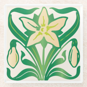 Vintage Art Nouveau snowdrop floral pattern Glass Coaster