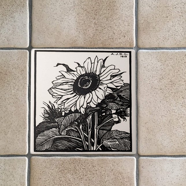 Vintage Art Nouveau Sunflower Ink Drawing Repro Tile (Creator Uploaded)