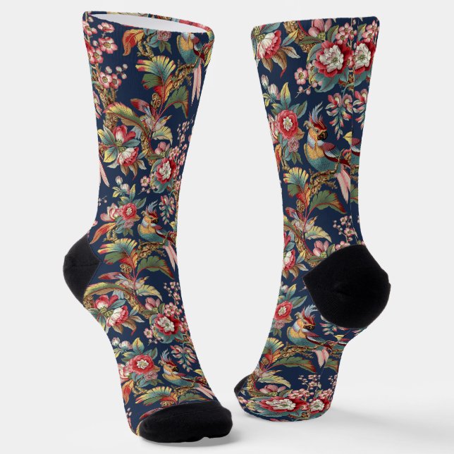 Vintage Art Nouveau Tropical Parrots Pattern Socks (Angled)