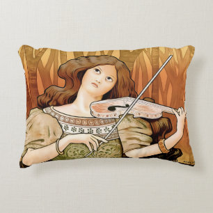 Vintage Art Nouveau Violin Poster   Elegant Music  Accent Pillow