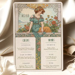 Vintage Art Nouveau Wedding Menu & Drinks Card<br><div class="desc">Elevate your wedding reception with this exquisite Vintage Art Nouveau Wedding Menu and Drinks Card. The front features a stunning illustration of a thoughtful woman adorned with flowers, surrounded by intricate floral motifs in soft pastels of green, blue, and pink. The back showcases an elegant floral emblem, perfect for adding...</div>
