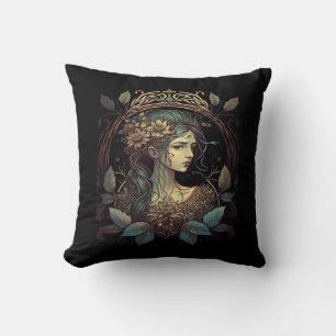 Vintage Art Nouveau Whimsigoth Woman In Teal And W Throw Pillow