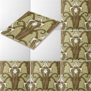 Vintage Art Nouveau White Iris Pattern by Verneuil Tile