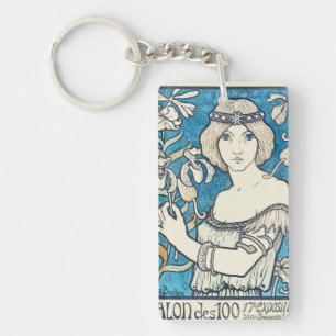 Vintage Art Nouveau Woman Blue Floral Poster Print Keychain