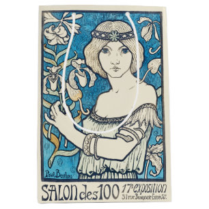 Vintage Art Nouveau Woman Blue Floral Poster Print Medium Gift Bag