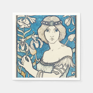 Vintage Art Nouveau Woman Blue Floral Poster Print Napkin