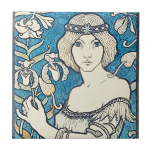 Vintage Art Nouveau Woman Blue Floral Poster Print Tile