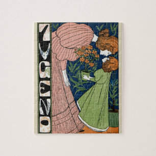 Vintage Art Nouveau Woman & Girl Green Dress Jigsaw Puzzle