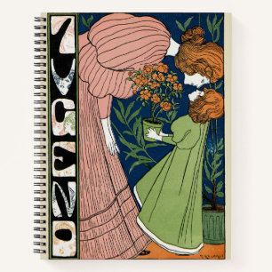 Vintage Art Nouveau Woman & Girl Green Dress Notebook