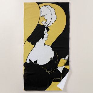 Vintage Art Nouveau, Woman Reading a Yellow Book Beach Towel