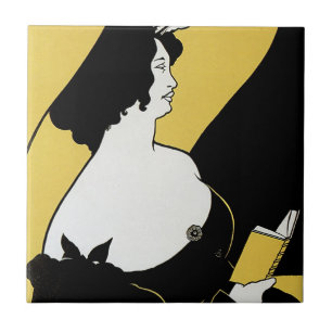Vintage Art Nouveau, Woman Reading a Yellow Book Tile