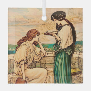 Vintage Art Nouveau Women Reading by the Sea  Glass Ornament