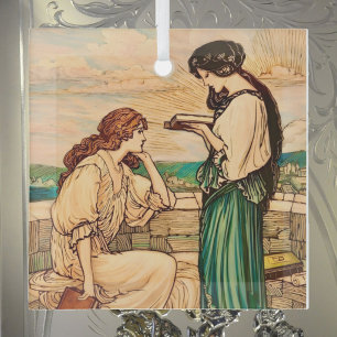 Vintage Art Nouveau Women Reading by the Sea  Glass Ornament
