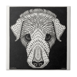 Vintage Art Nouveau Woodcut Dog Portrait Print Tile