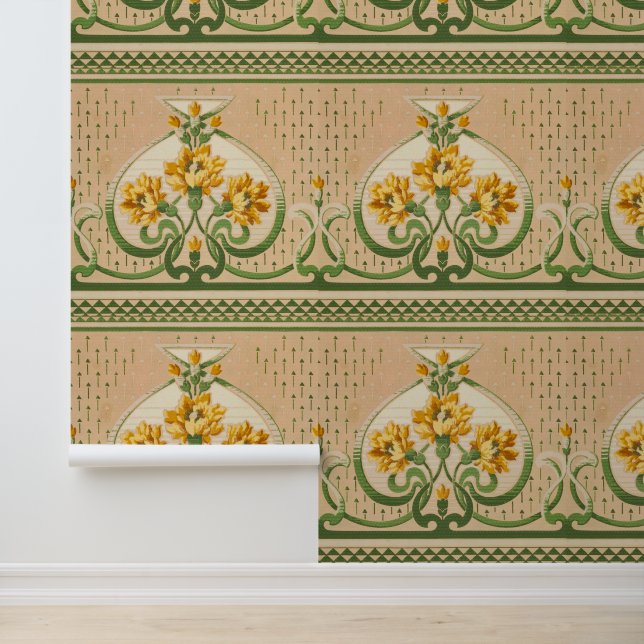 Vintage Art Nouveau Yellow Bouquets Medallion Deco Wallpaper (Application)