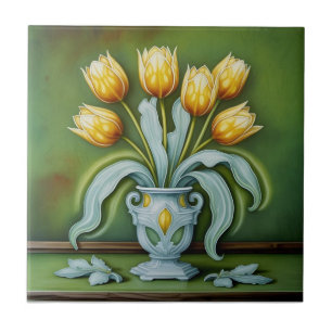 Vintage Art Nouveau yellow Tulips Floral Tile