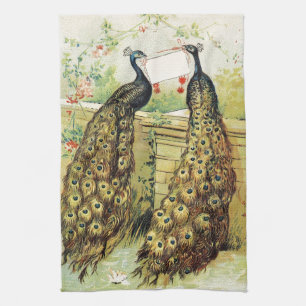 Vintage art peacocks carrying a message, gifts kitchen towel