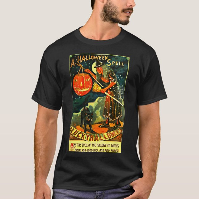 Vintage Art Retro Halloween Witch  T-Shirt (Front)