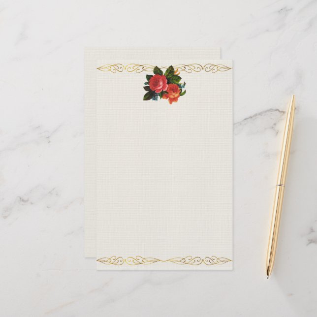 Vintage Art Roses on Ivory Print Stationery (Front/Back In Situ)