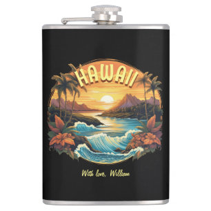 Vintage Art Sunset at Hawaii Beach Mountains Hip Flask
