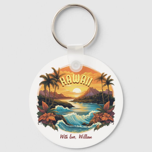 Vintage Art Sunset at Hawaii Beach Mountains Keychain (Front)