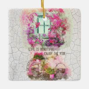 Vintage art watercolor bicycle window decoupage ceramic ornament