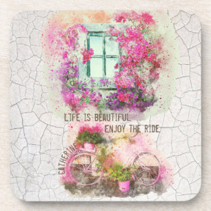 Vintage art watercolor bicycle window decoupage coaster