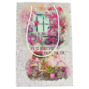 Vintage art watercolor bicycle window decoupage medium gift bag