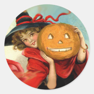 Vintage Art Witch and Pumpkin - Halloween gifts Classic Round Sticker