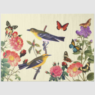 Vintage Art Yel. Birds Flowers Pale Yel. Decoupage Tissue Paper