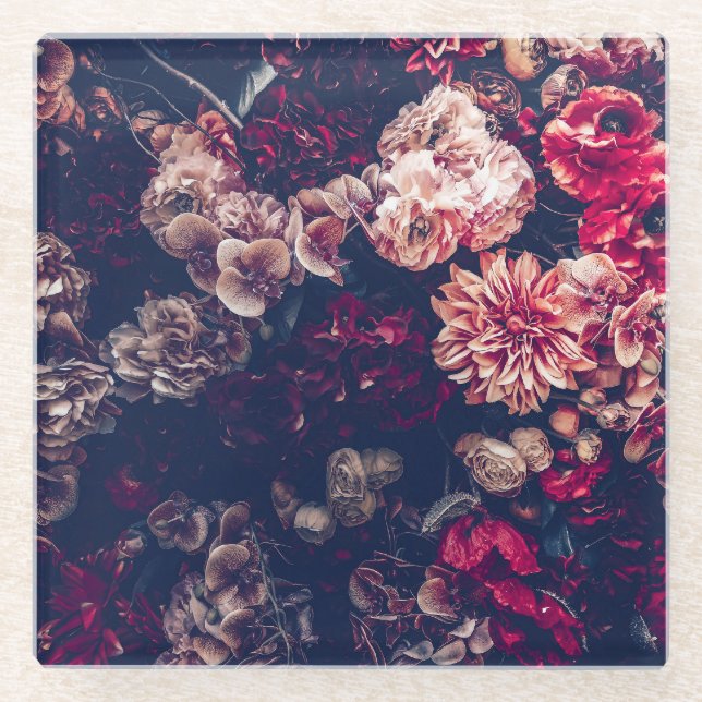 Vintage Artificial Flowers: Wall Background Glass Coaster (Front)